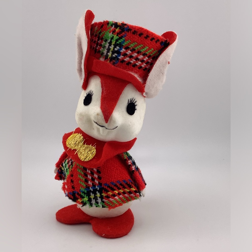 Vintage Mouse Plaid Hat Jacket Felt Flocked Christmas Figurine Japan
